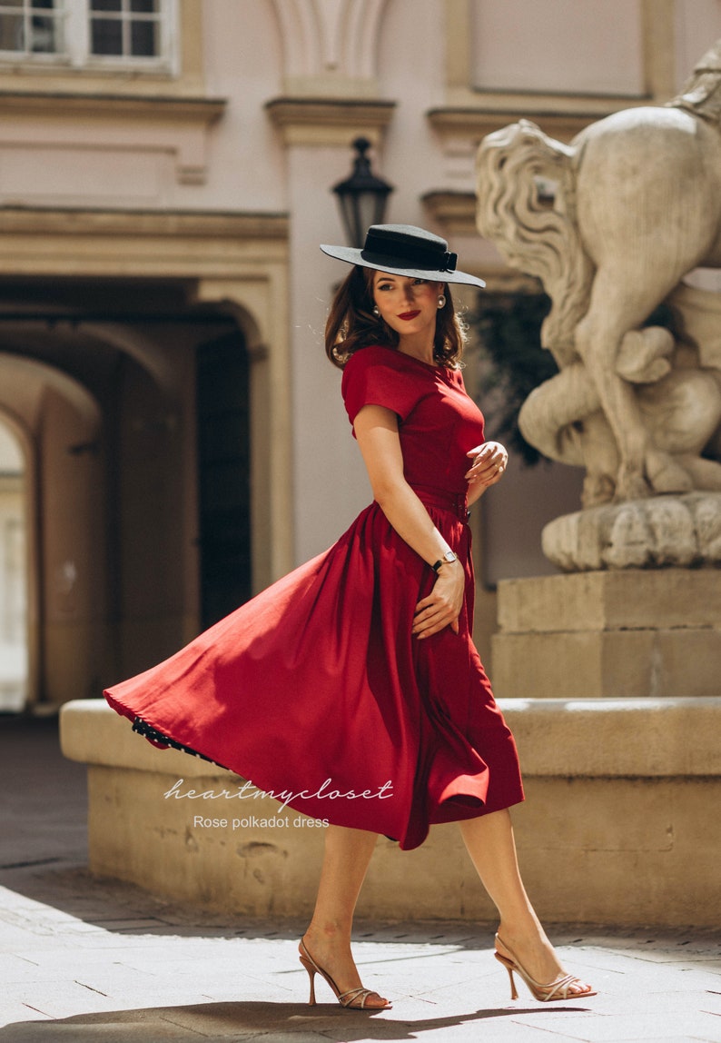 dark RED polkadot Rose pencil dress removable skirt wrap/ custom made all sizes 40s 50s image 5