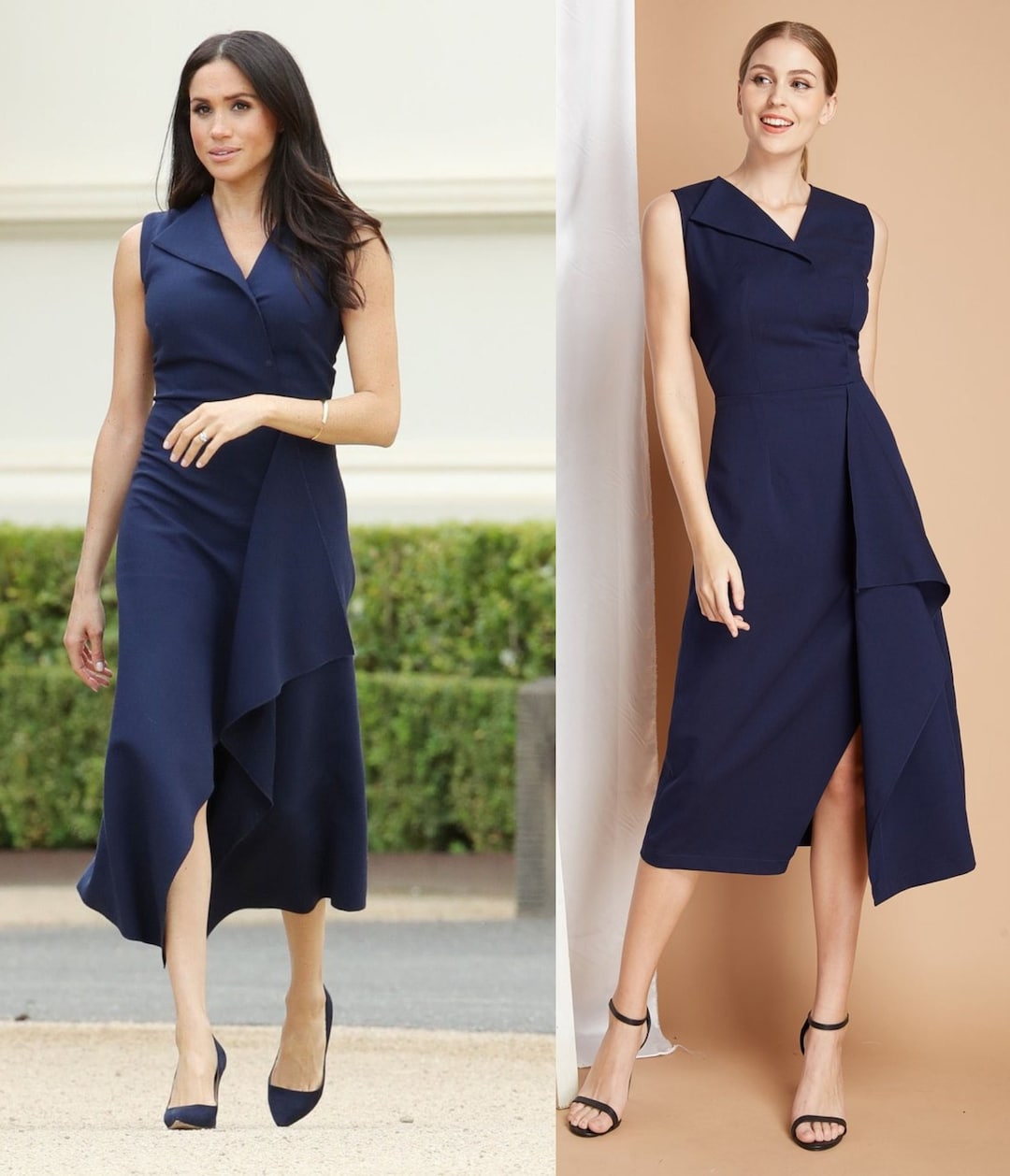 Vestido midi drapeado azul marino de Meghan Markle hecho a medida