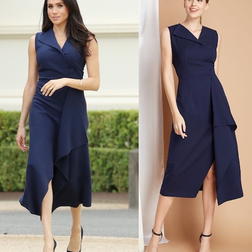 Robe midi drapée bleu marine Meghan Markle faite sur mesure inspirée des célébrités