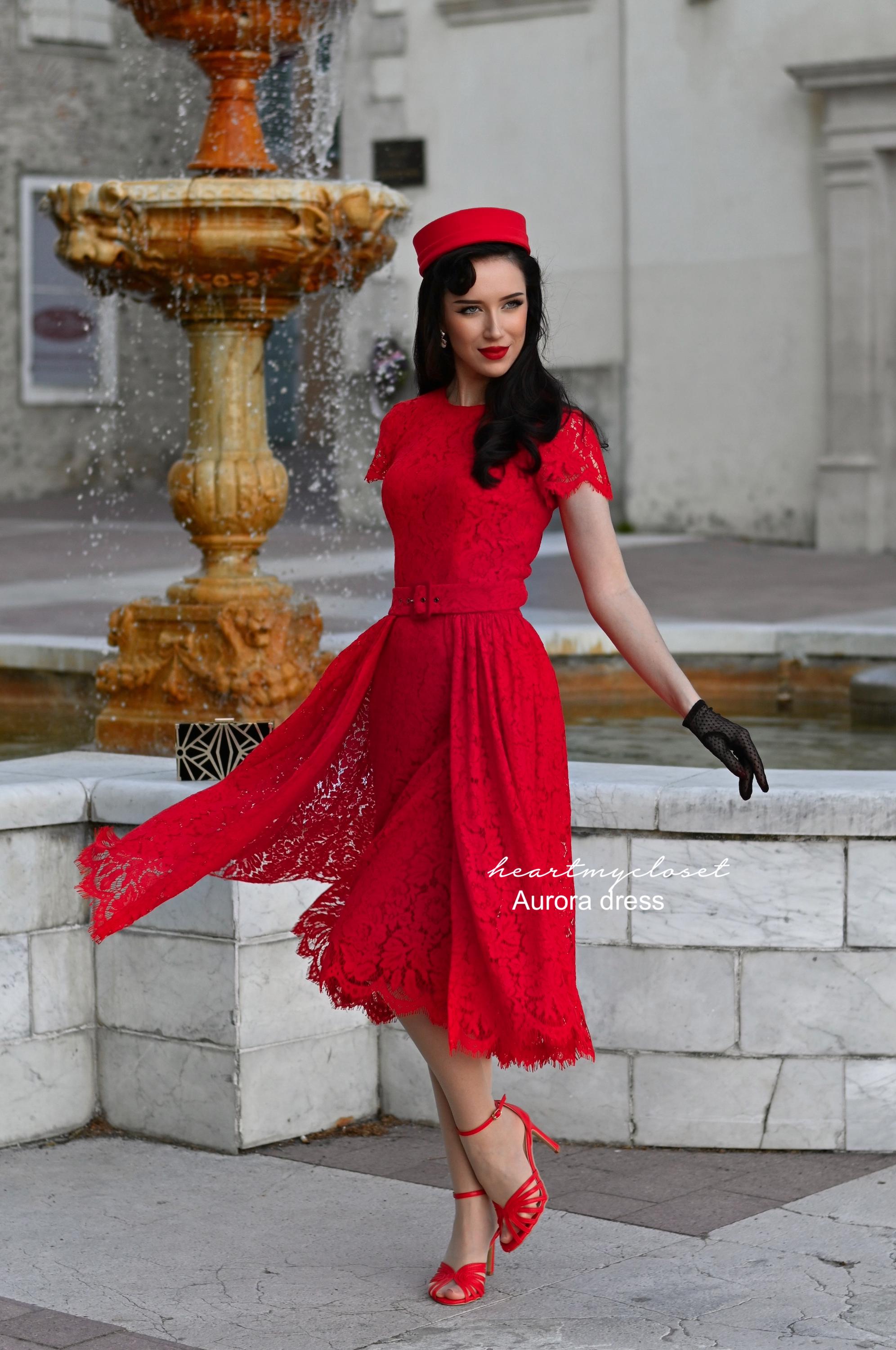 Red Lace AURORA Pencil Dress + Removable Skirt Wrap / 1950s