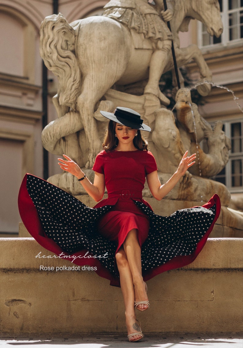dark RED polkadot Rose pencil dress removable skirt wrap/ custom made all sizes 40s 50s image 1