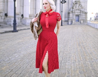 ABIGAIL red lace dress with pearl buttons Aline dress rockabilly custom made