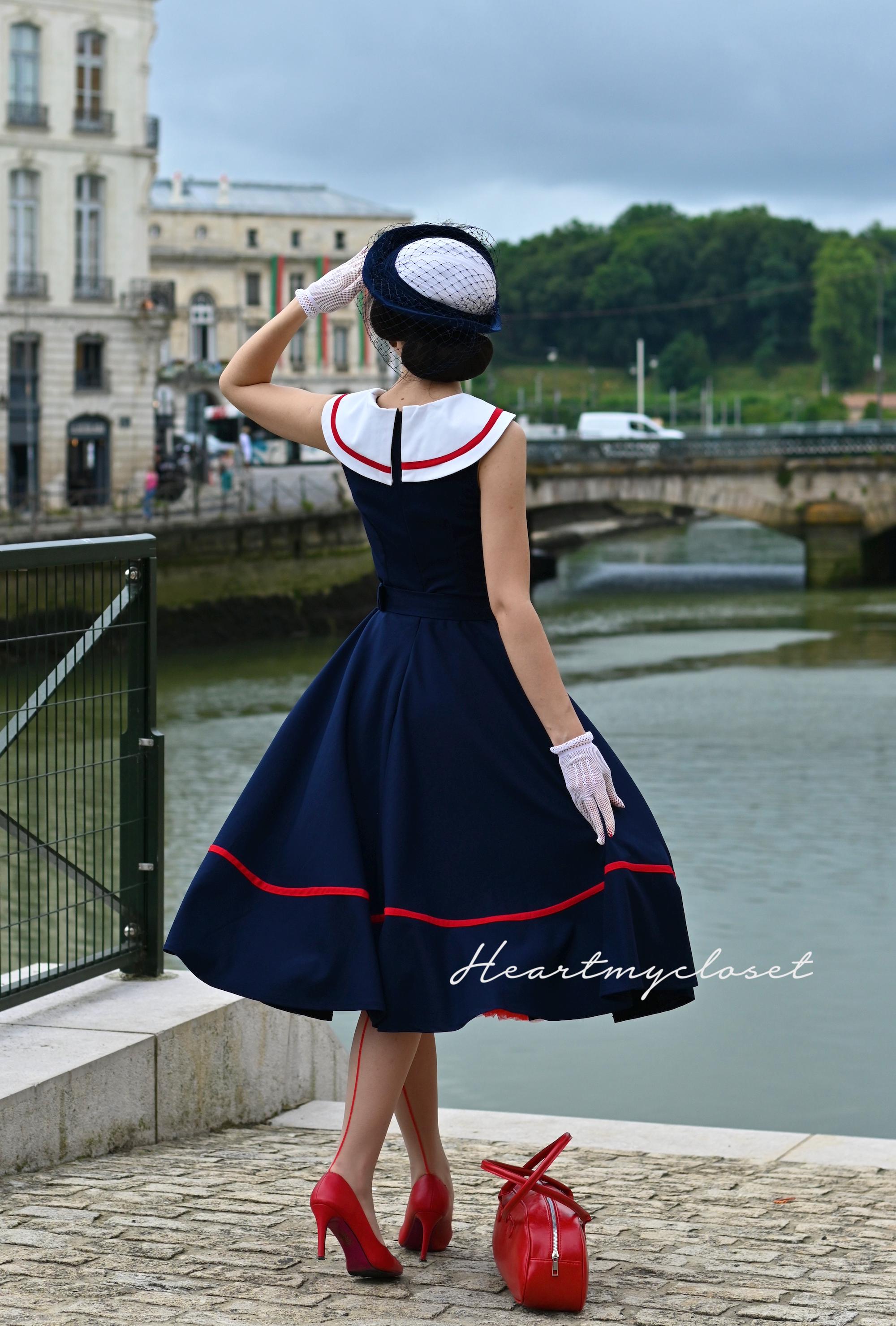 Sailor navy swing dress / rockabilly vintage inspired dress 40s 50s custom made