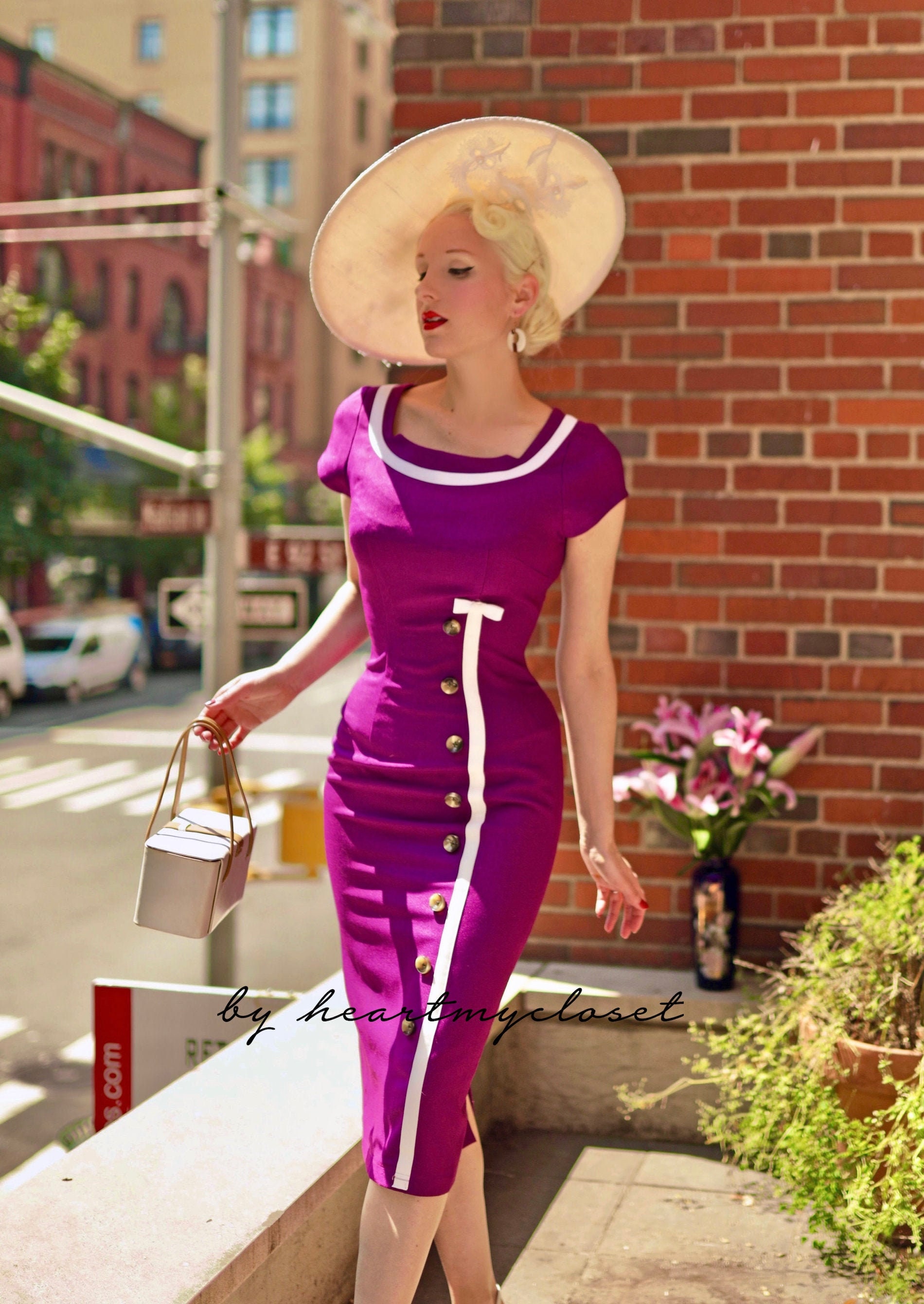 LOLA Mad Men Inspired Pencil Dress Contrast Trim Bow 