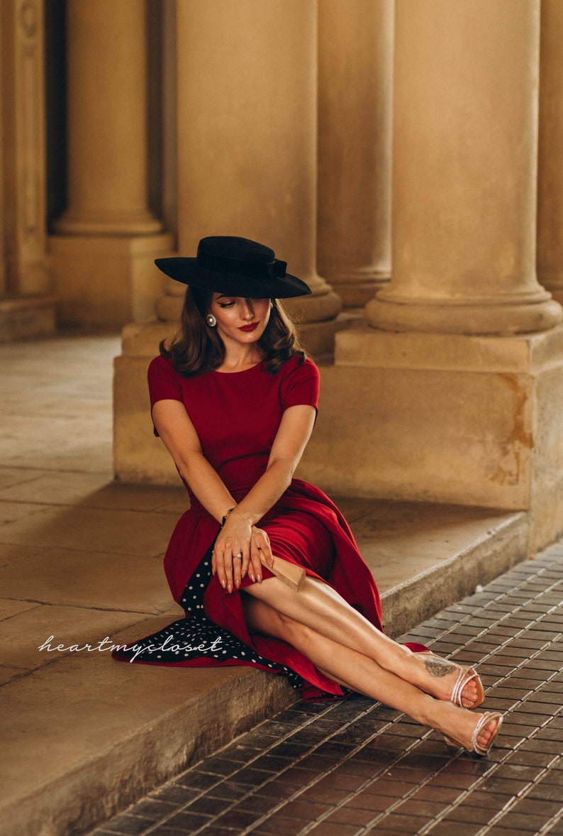 dark RED polkadot Rose pencil dress removable skirt wrap/ custom made all sizes 40s 50s image 4