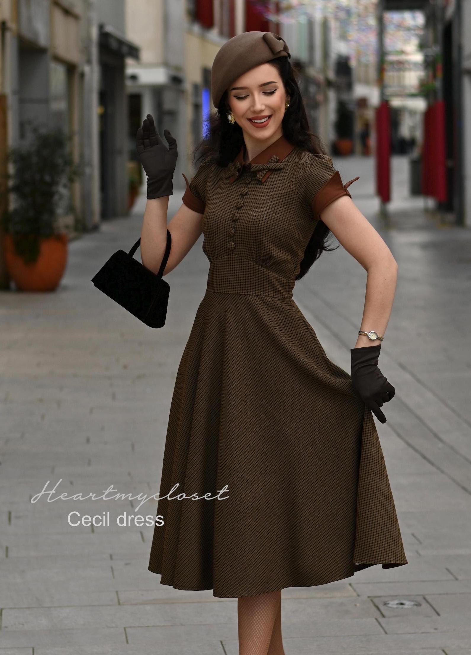 CECIL custom made vintage inspired - brown houndstooth 1950s dress