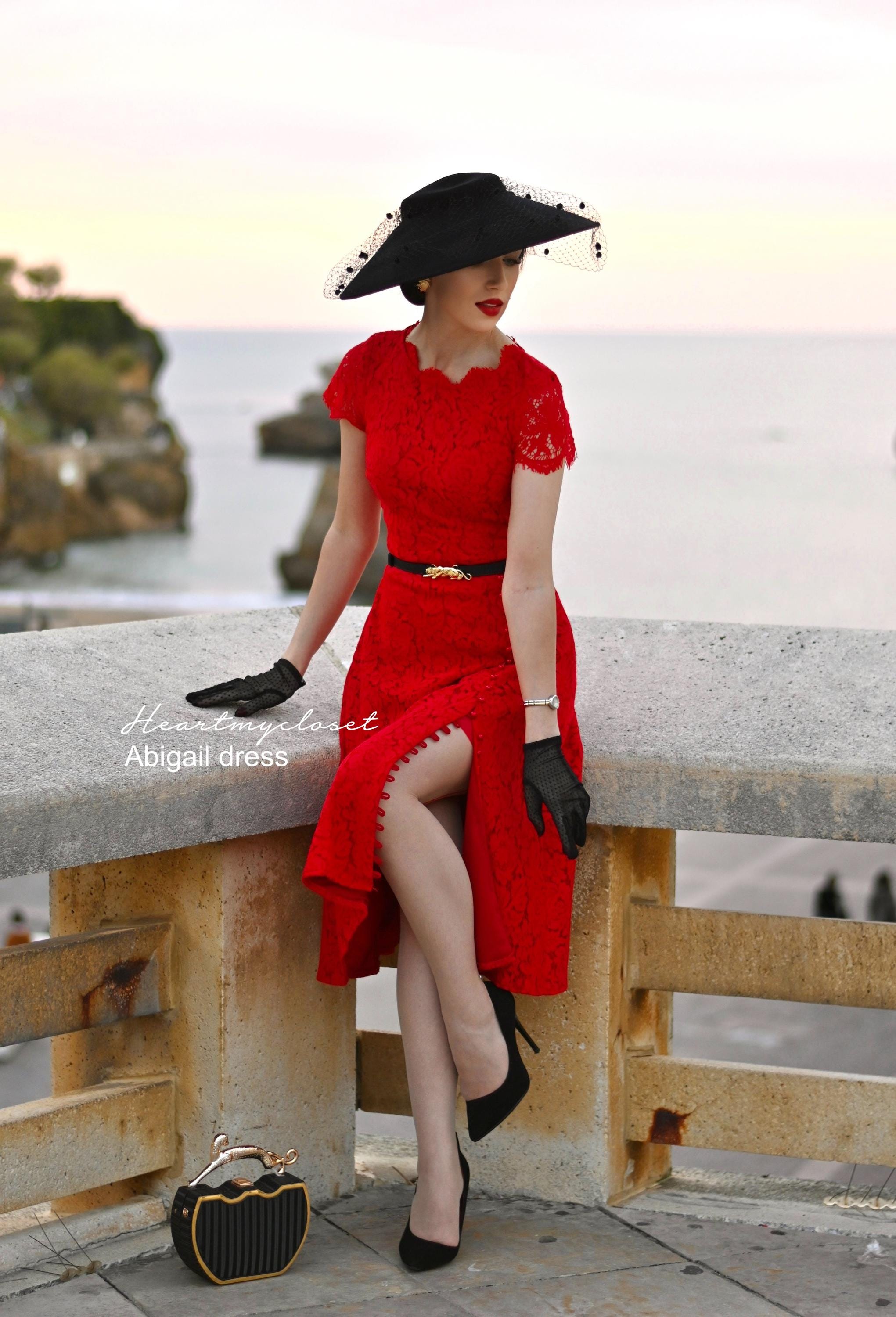 ABIGAIL Red Lace Dress With Pearl Buttons Aline Dress Rockabilly