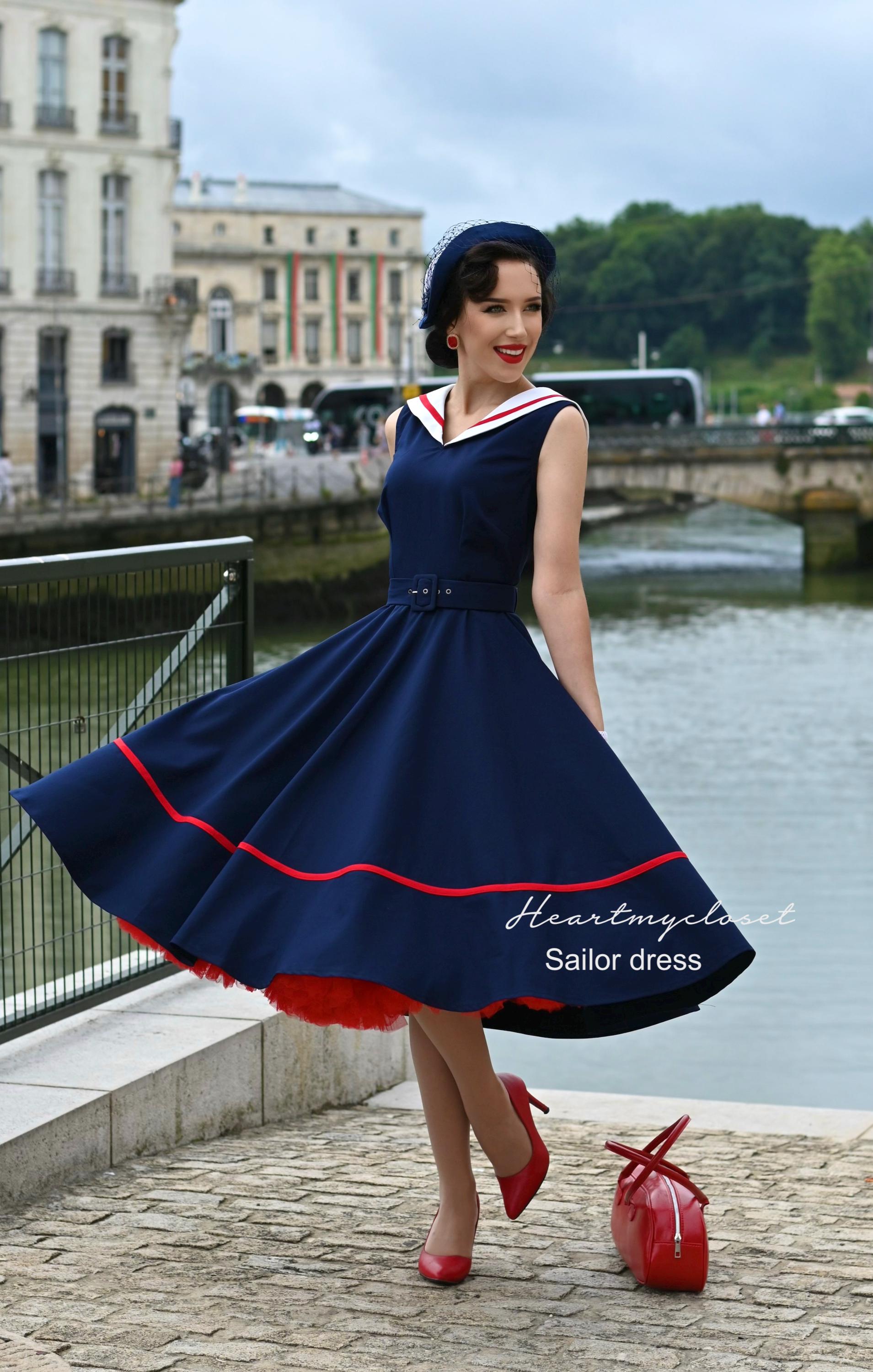 Sailor navy swing dress / rockabilly vintage inspired dress 40s 50s custom made