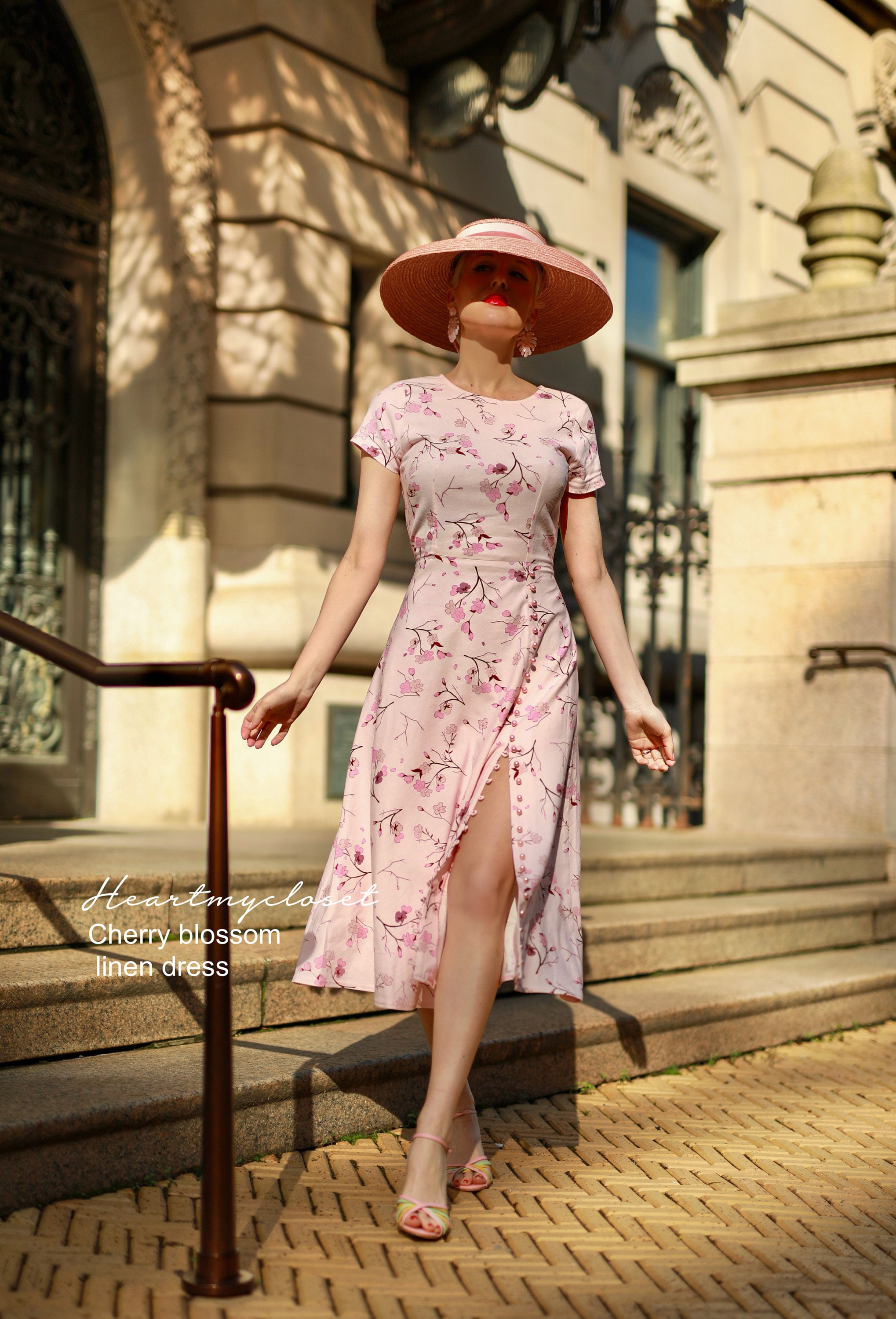 Abigail - Cherry Blossom Linen Dress - Pearl Buttons Aline Skirt