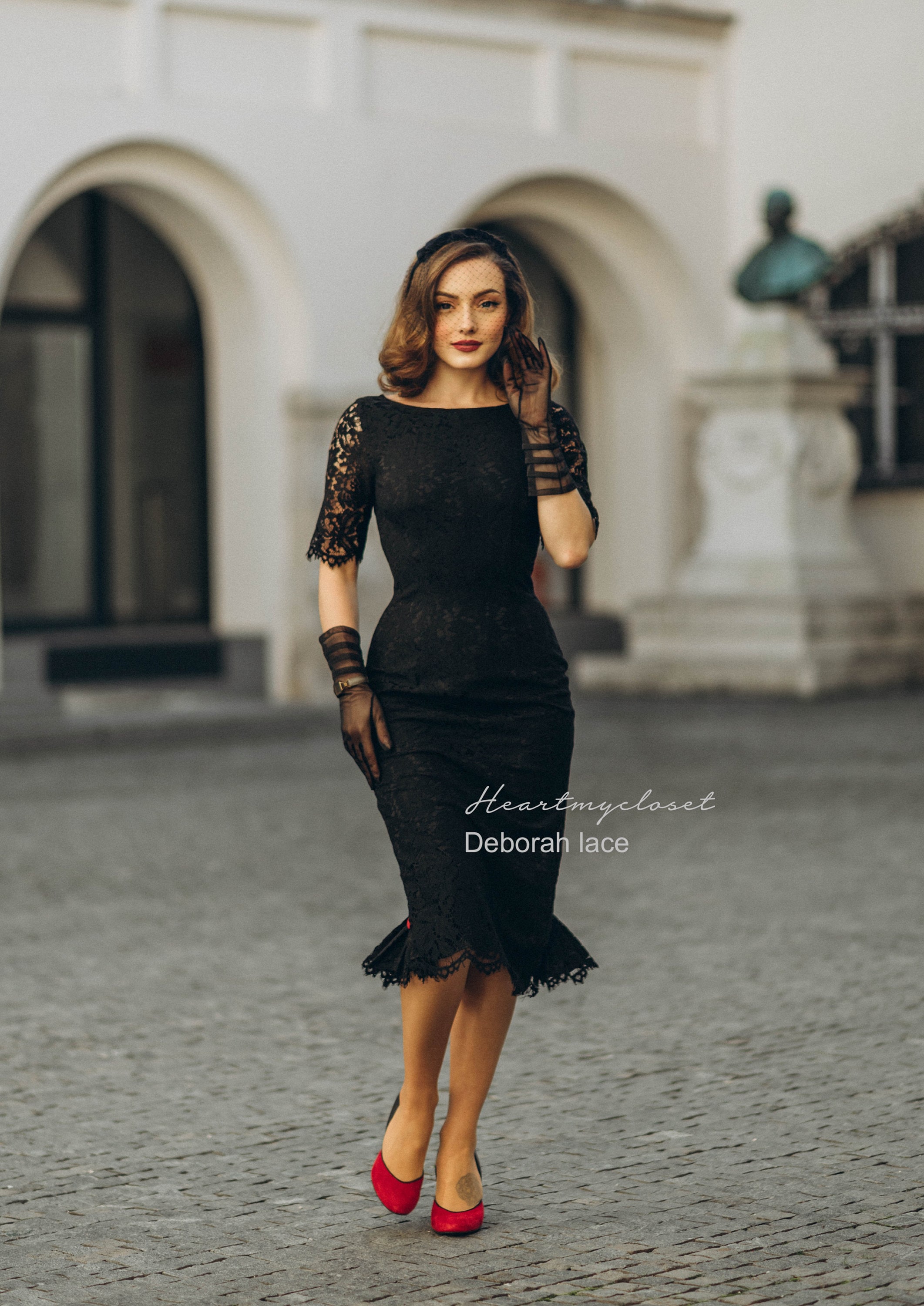 Lace Deborah pencil pleated button back- vintage dress inspired custom made Lace Deborah pencil pleated button back- vintage dress inspired custom made