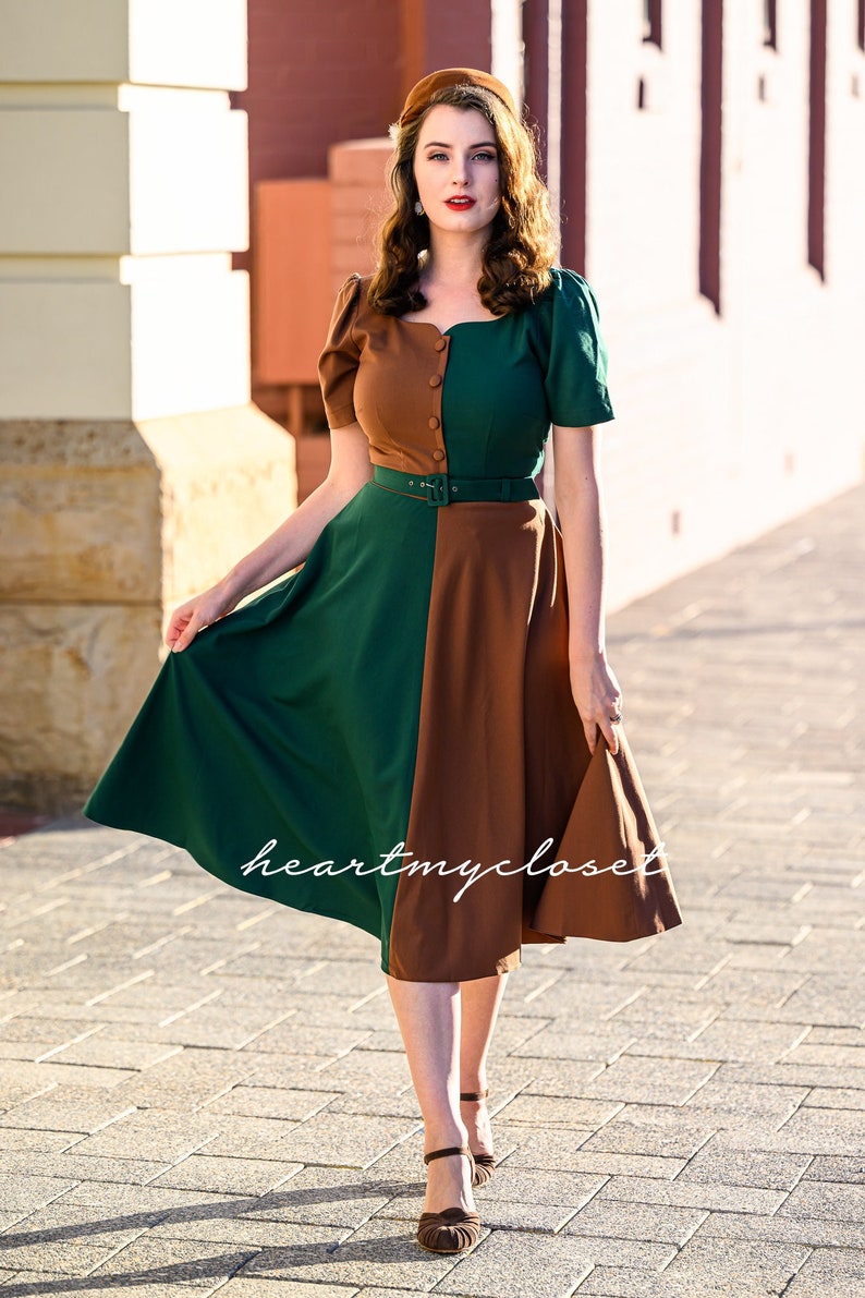 1940s Dresses | 40s Dress, Swing Dress, Tea Dresses     MARILYN with sleeves - tv inspired swing dress colorblock rockabilly vintage custom  AT vintagedancer.com