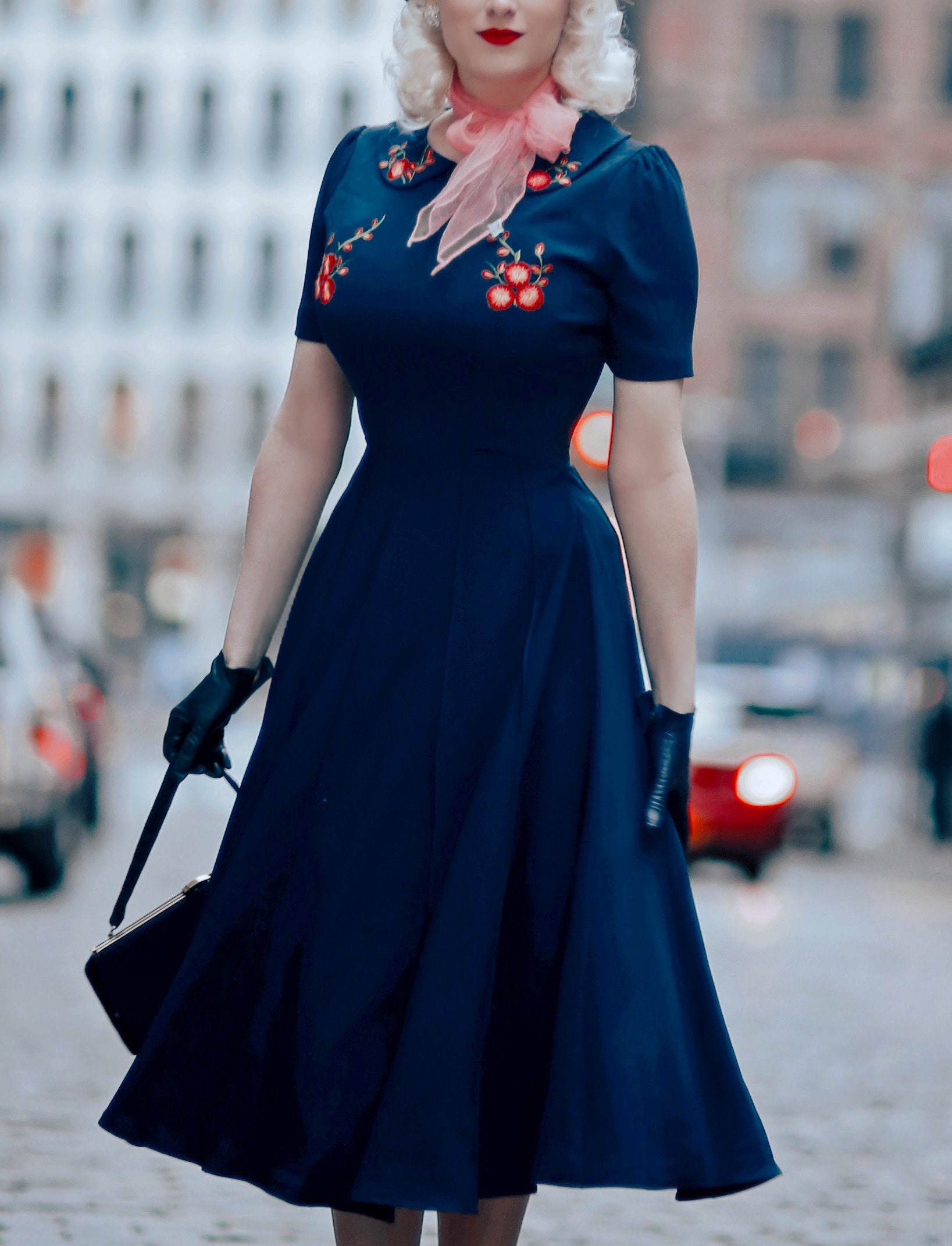 FIONA Vintage Inspired 50s Dress Navy With Embroidery Custom - Etsy