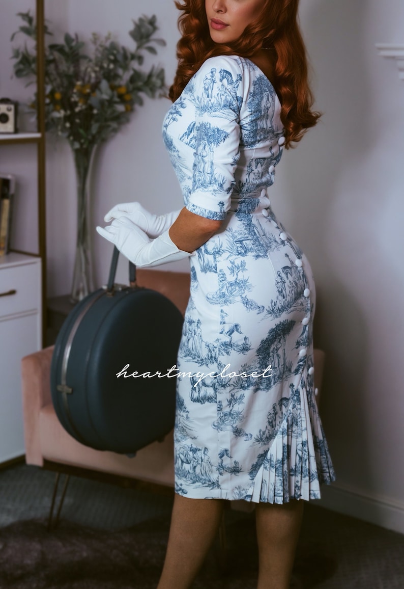 long sleeve Toile De Jouy Deborah pencil pleated button back vintage inspired custom image 1