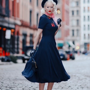 FIONA Vintage Inspired 50s Dress Navy With Embroidery Custom Made - Etsy
