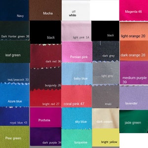 May include: A color swatch chart featuring a variety of fabric samples in various shades. Colors include navy, mocha, black, light pink, dark red, baby blue, and medium purple. Each swatch is labeled with its color name and a number.