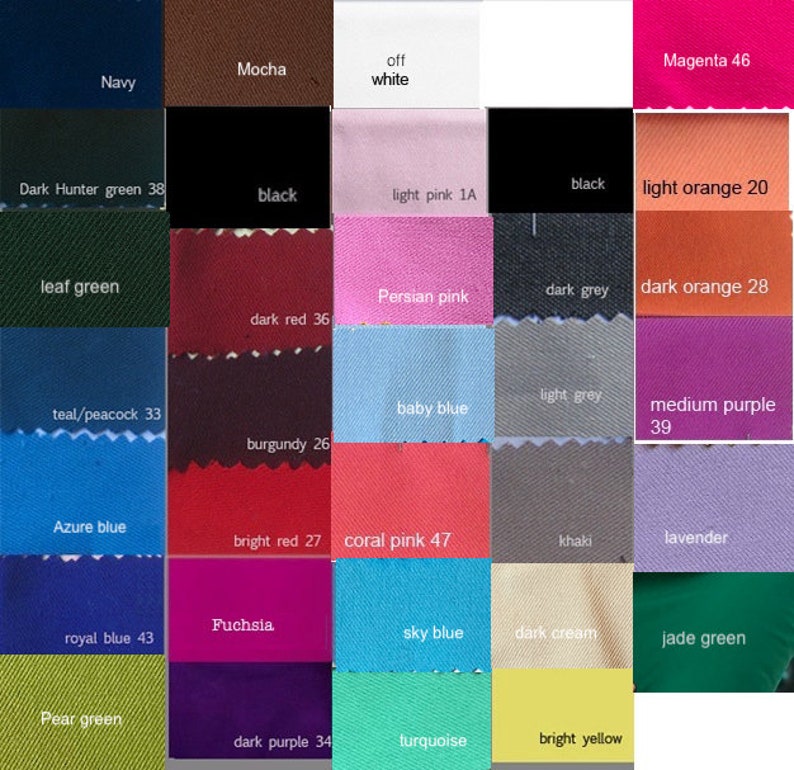 May include: A color swatch chart featuring a variety of fabric samples in various shades. Colors include navy, mocha, black, light pink, dark red, baby blue, and medium purple. Each swatch is labeled with its color name and a number.