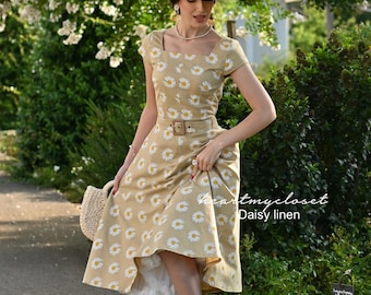 Daisy linen dress - vintage inspired dress custom made
