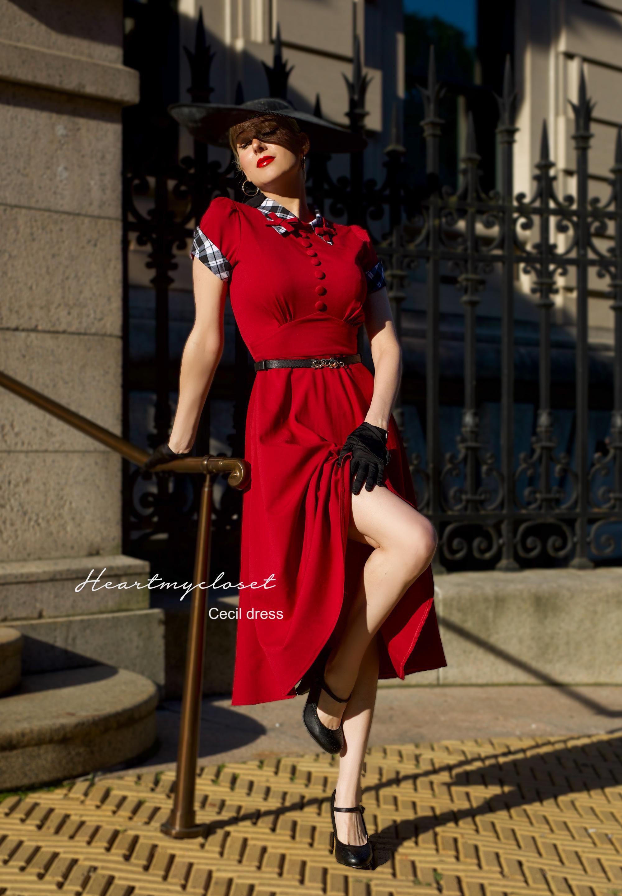 red dress with black belt CECIL With Belt - 1950s Red Custom Made Vintage Inspired Dress Holiday  Retro Style