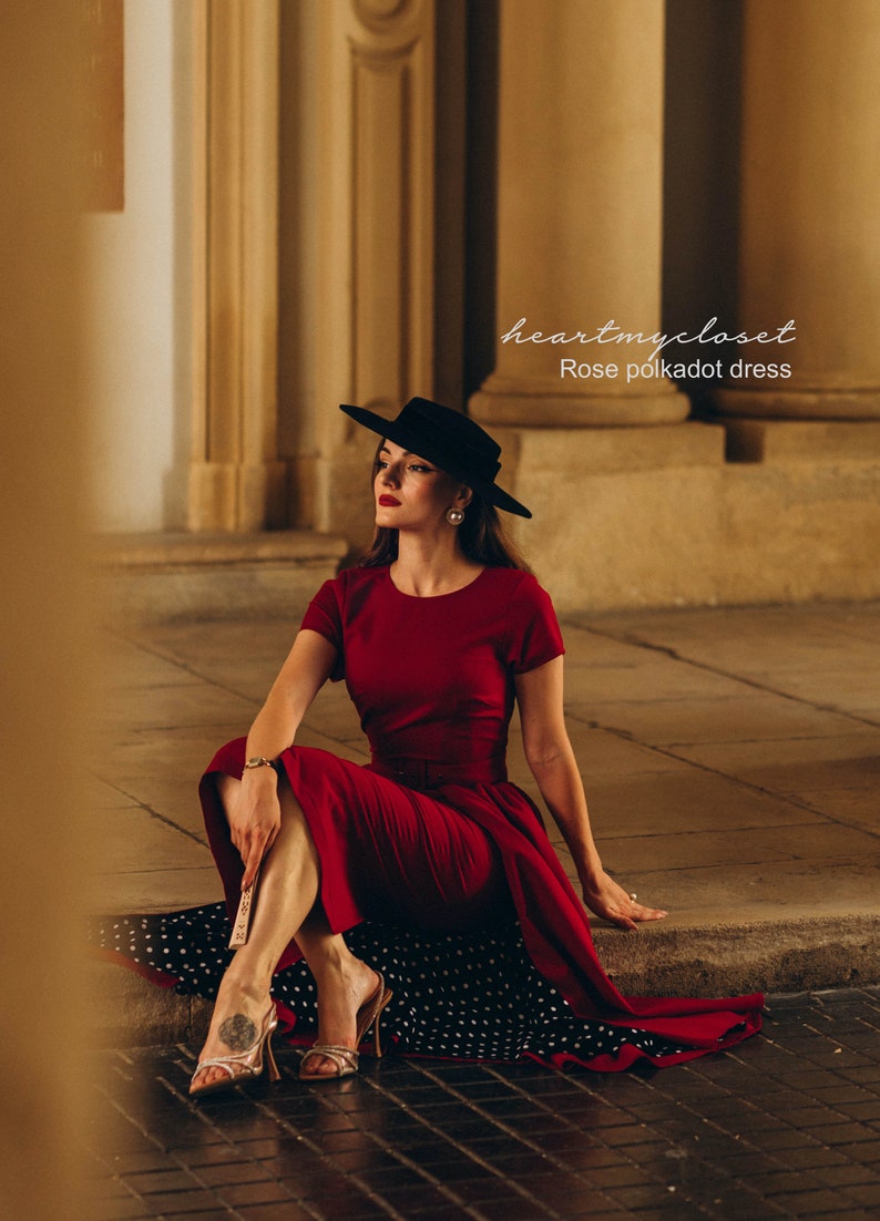 dark RED polkadot Rose pencil dress removable skirt wrap/ custom made all sizes 40s 50s image 7