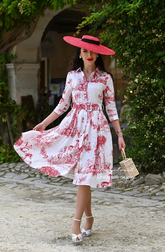 100% LINEN - Red Toile De Jouy Shirt Dress - Etsy