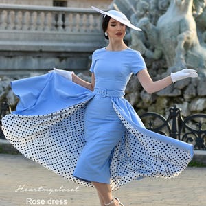 Rose - baby blue polkadot pencil dress + removable skirt wrap/ custom made all sizes 40s 50s