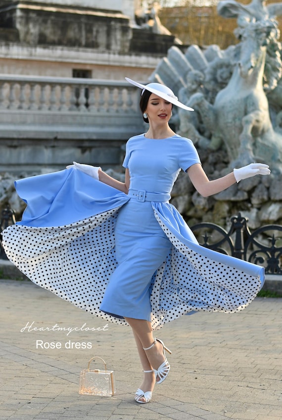 Rose - baby blue polkadot pencil dress + removable skirt wrap/ custom made all sizes 40s 50s