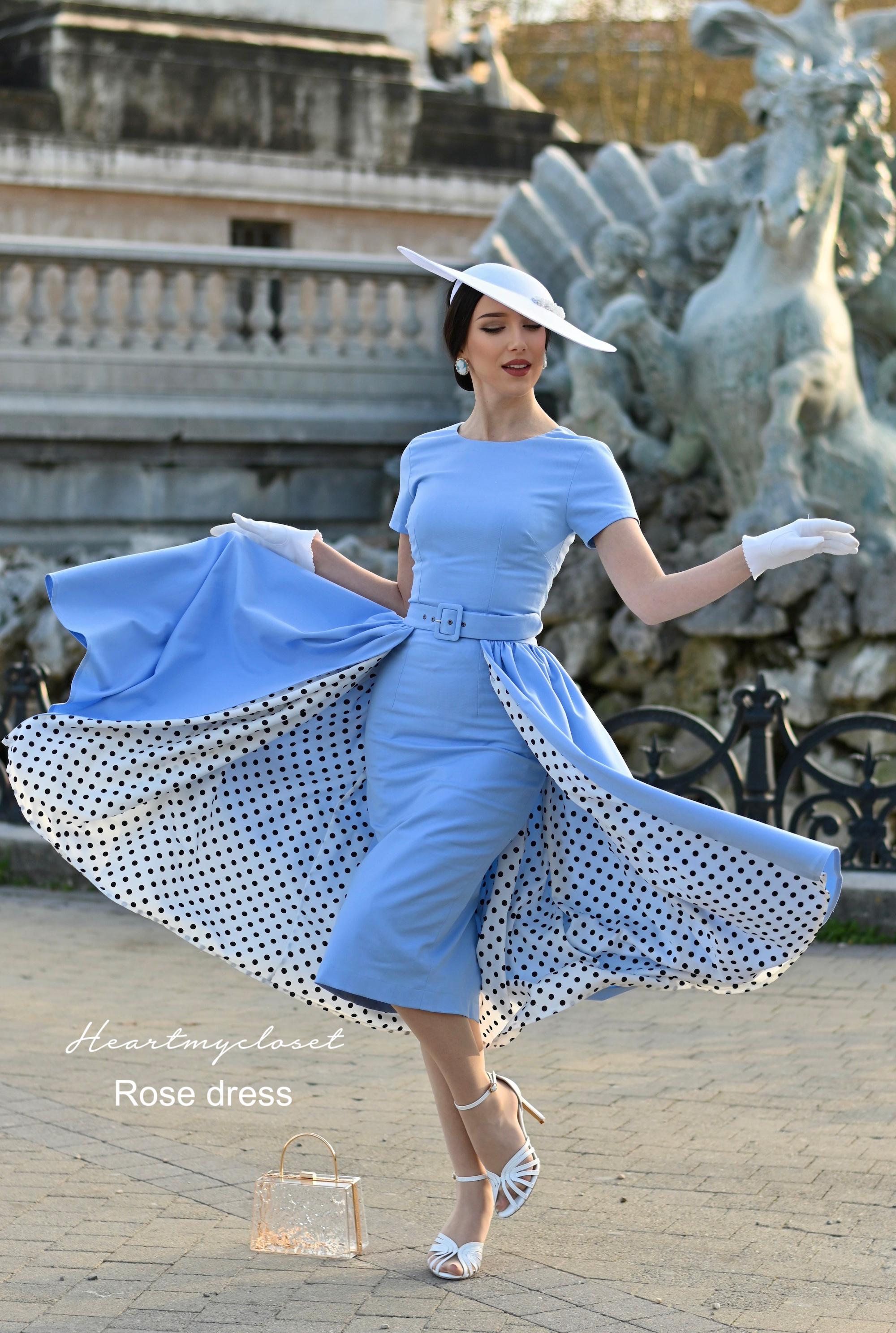 Blue Rockabilly Pencil Dresses Rose Baby Blue Polkadot Pencil Dress  Removable Skirt Wrap