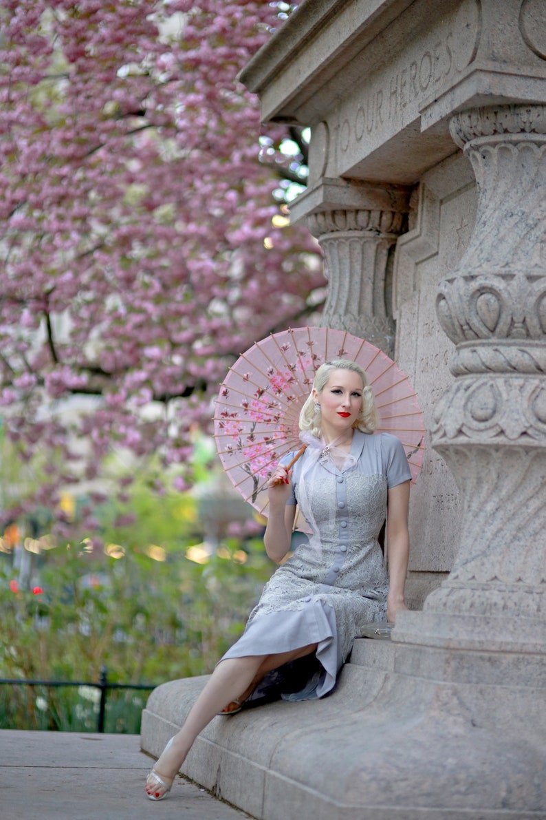 light grey crepe dress with lace overlay custom made Aline vintage inspired image 4