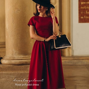 dark RED polkadot Rose pencil dress removable skirt wrap/ custom made all sizes 40s 50s image 6