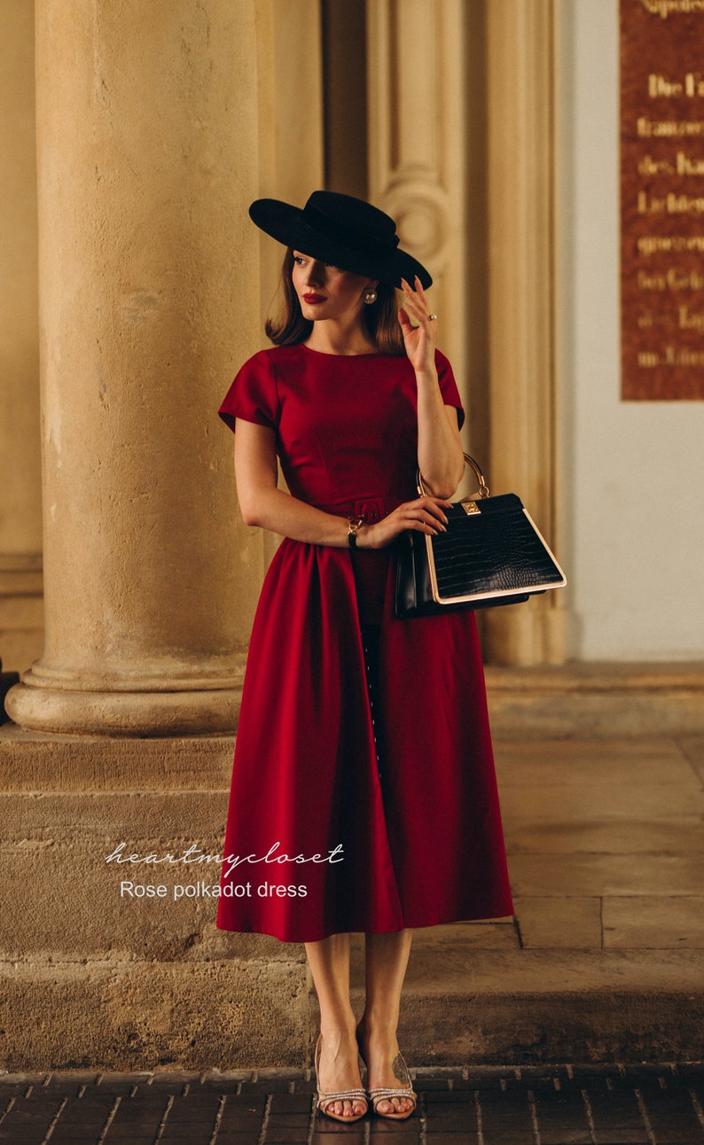 dark RED polkadot Rose pencil dress removable skirt wrap/ custom made all sizes 40s 50s image 6