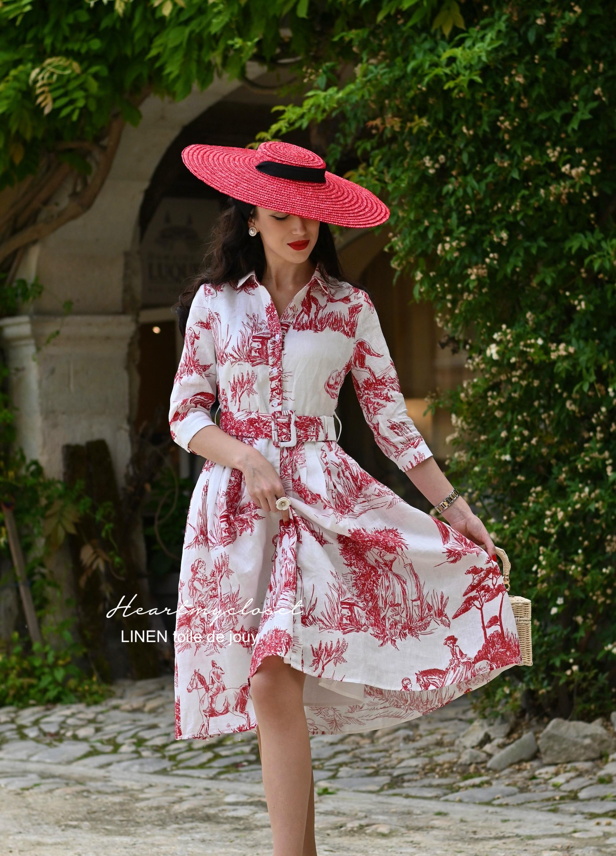 100% LINEN - Red Toile De Jouy Shirt Dress - Etsy