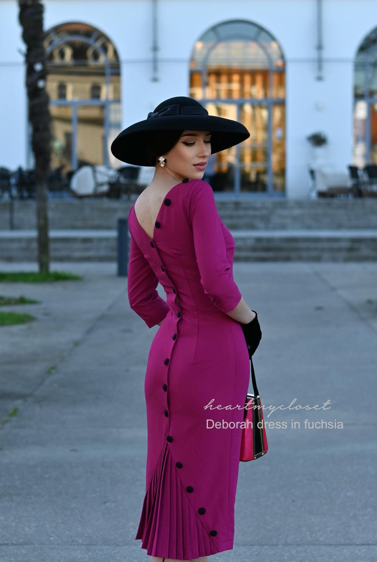 Deborah - fuchsia pencil pleated button back vintage dress inspired from custom made