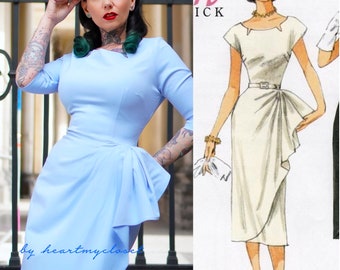 EVE - Vestido tubo a medida con drapeado vintage inspirado en los años 50, década de 1940, década de 1950