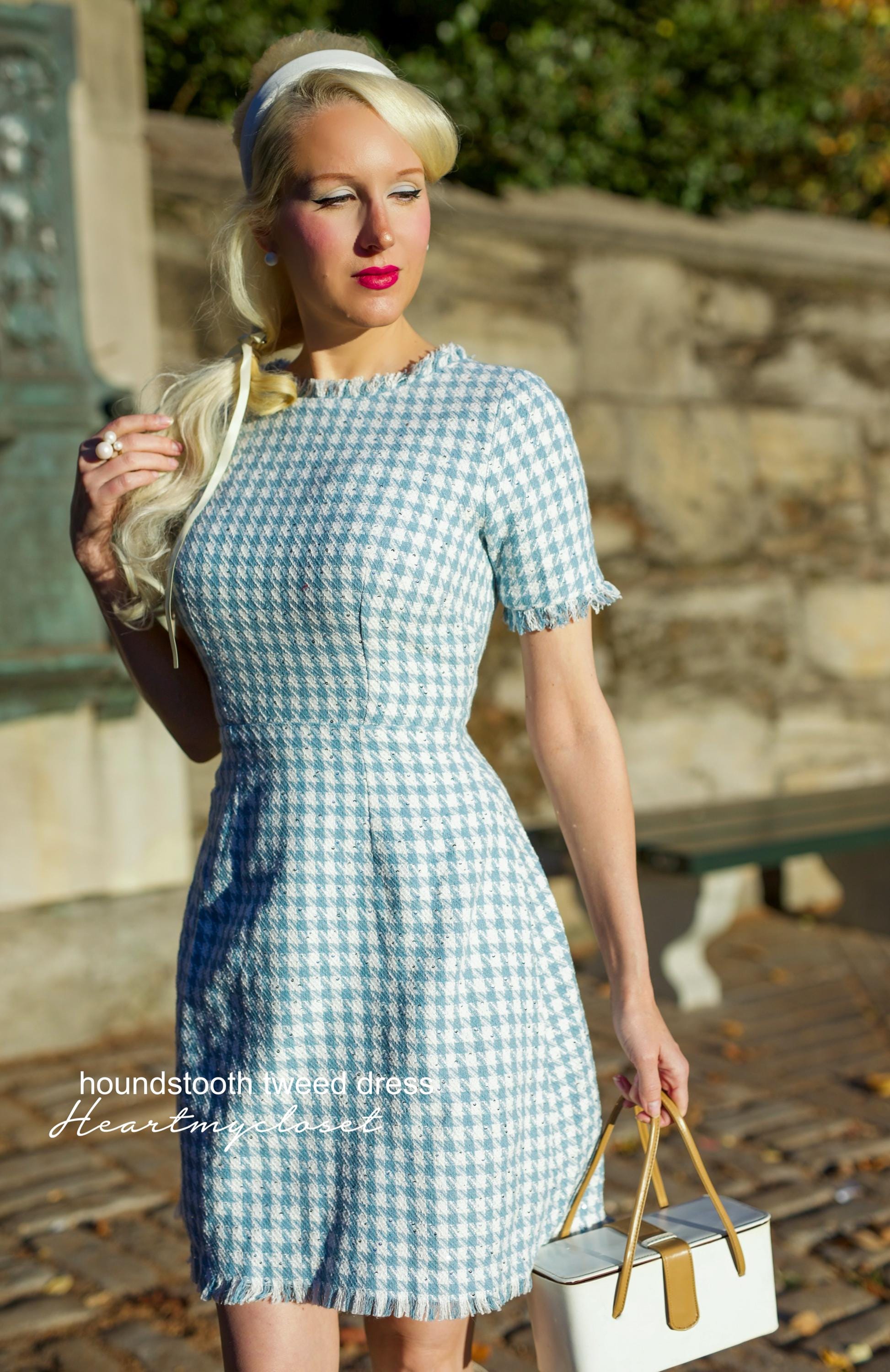 Blue houndstooth tweed dress- custom made Aline dress Fall/winter