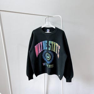 Może przedstawiać: Czarna bluza z okrągłym dekoltem z napisem "WAYNE STATE" w tęczowym gradiencie na piersi. Poniżej okrągła tarcza z napisem "WILDCATS". Bluza wisi na białym wieszaku.