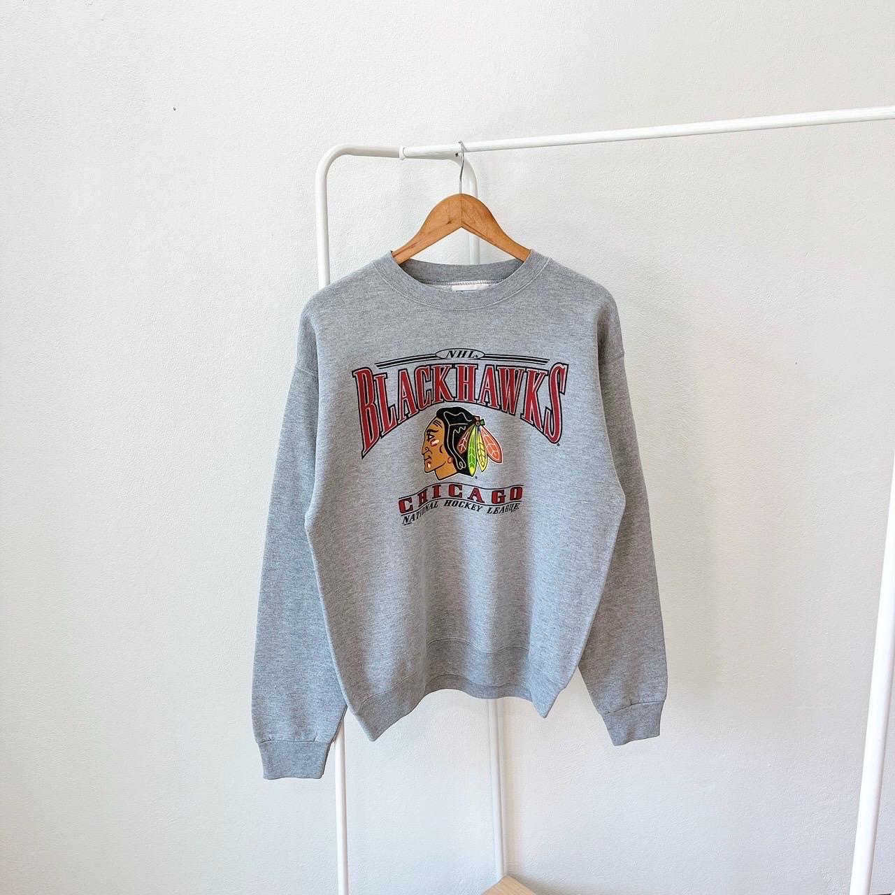 90s USA製 NHL ブラックホークス 刺繍スウェット XL モックネック 稀少 