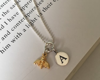 Personalised Sterling Silver Bee Initial necklace