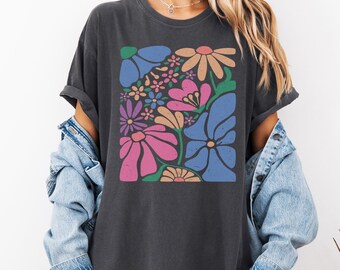 Boho Flowers Graphic Tee, Vintage Style Tee, Boho Chic Shirt, Gift for Her, Summer Top, Casual Wear, Distressed Flowers Tee, Trendy Tee