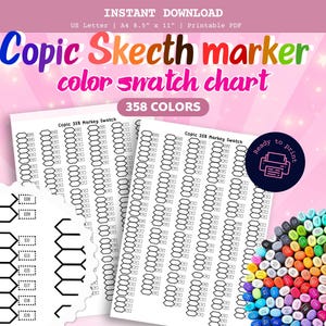 Può includere: Un download digitale con una tabella di campioni di colore per pennarelli Copic Sketch. La tabella include 358 colori ed è progettata per formati carta US Letter e A4. L'immagine ha uno sfondo rosa con la scritta "Ready to print".