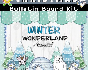 Könnte beinhalten: Ein Weihnachts-Bulletin-Board-Set mit dem Thema Winterwunderland. Das Set enthält verschiedene Ausschnitte, darunter einen Eisbären, Pinguine, einen Schneemann und eine Winterlandschaft. Der Text "Winter Wonderland Awaits!" ist auf dem Bulletin Board zu sehen.