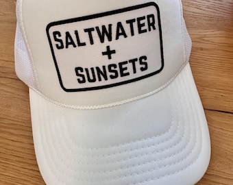 Saltwater and sunset trucker, sunsets trucker hat, travel, adventure, fun, patch, beach, Mexico, Hawaii, Bahamas, Caribbean, spring break