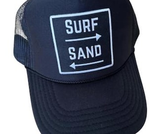 Surf Sand trucker hat, beach trucker hat, travel, adventure, fun hats, patch, beach, girls trips, explore, spring break. Mom/daugter match