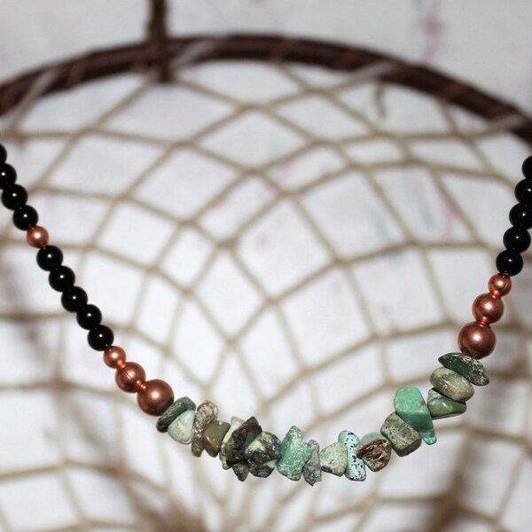 UNISEX Necklace with Green TURQUOISE, Copper & Black Beads NATIVE American Rosebud Lakota Sioux LakotaLuck