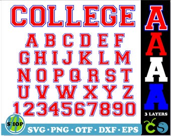 May include: Red and blue college alphabet letters and numbers with a white outline. The word "COLLEGE" is at the top of the image. The letters "A" are shown in red, white, and blue.