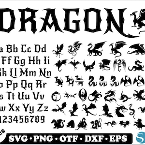May include: Black and white digital font design with the word "DRAGON" in a bold, gothic style. The font includes uppercase letters, lowercase letters, and numbers. The font is surrounded by various dragon illustrations.