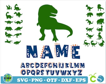 Può includere: Una silhouette di dinosauro verde con un alfabeto blu e arancione con impronte di dinosauro. L'alfabeto include le lettere dalla A alla Z. La parola "NAME" è scritta in blu con impronte di dinosauro arancioni. Ci sono diverse silhouette di dinosauri sullo sfondo.