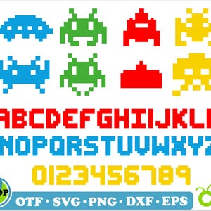 May include: A set of pixelated alphabet letters, numbers, and space invaders in red, blue, green, and yellow. The letters are uppercase and the numbers are 0-9. The space invaders are in various poses, including flying, shooting, and standing.