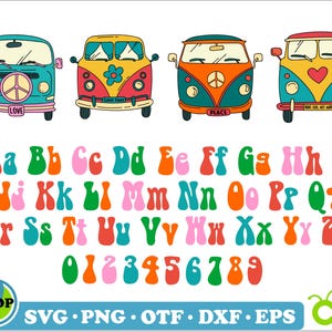 Op de afbeelding: Een digitale afbeelding met vier kleurrijke retro-stijl busjes met vredestekens en bloemaccenten. Hieronder staan alfabetletters en cijfers in een groovy lettertype. De afbeelding bevat de tekst "SVG PNG OTF DXF EPS".