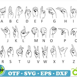May include: Black and white line art illustration of the American Sign Language alphabet. Each letter is represented by a hand gesture.