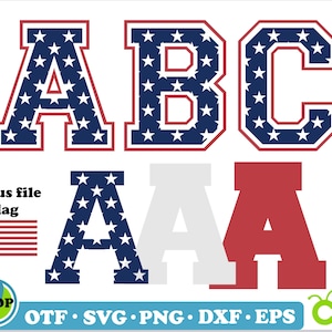 May include: A set of three red, white and blue American flag themed letters, "ABC", in a varsity style font. The letters are filled with white stars on a blue background. The letters are surrounded by a red outline. Below the letters are three more letters, "AAA", in different styles. The first "A" is filled with white stars on a blue background, the second "A" is white, and the third "A" is red. The letters are all in a varsity style font. There is a small American flag in the top left corner of the image.